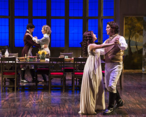 Richy Storrs (Augutus Coverly/Gus Coverly), Susan Angelo (Hannah Jarvis), Erika Soto (Thomasina Coverly), and Rafael Goldstein (Septimus Hodge). Photo by Craig Schwartz.
