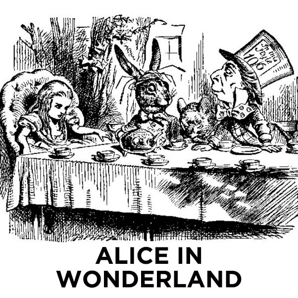 A black and white illustration of Alice's tea party with the March Hare and Mad Hatter. ALICE IN WONDERLAND.