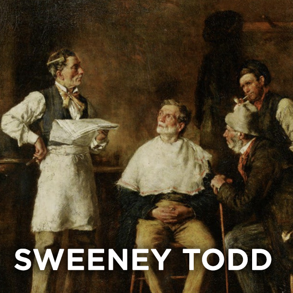 A painting of four men in a barber shop as one waits for a shave. SWEENEY TODD.