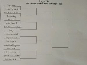 Region 1 First Annual Christmas Movie Tournament 2020 featuring brackets of Christmas movies pitted against each other. Last Holiday versus The Family Stone. While You Were Sleeping versus The Holiday. Santa Claus 1 versus Santa Claus 3. Santa Claus is Coming to Town versus Rudolph. Grinch (animated) versus Angela’s Christmas. Polar Express versus Nativity Story. Home Alone versus A Christmas Story. Charlie Brown Christmas versus Annabelle’s Wish.