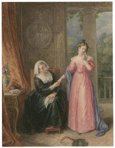 A watercolor of Helen and the Countess, from Act I, Scene iii of All's Well That Ends Well.